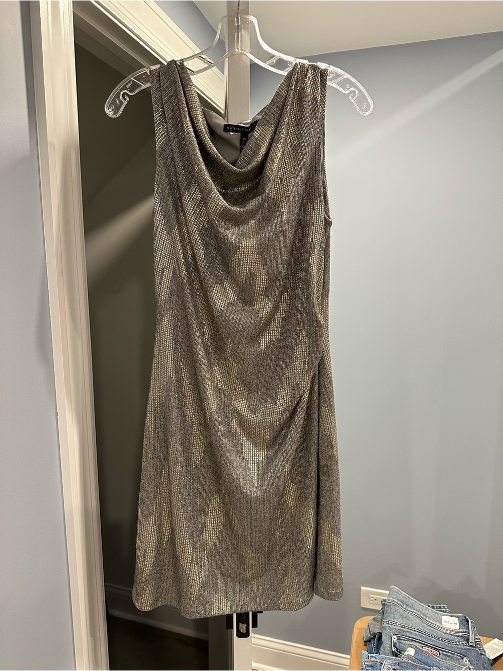 White House Black Market Metallic Cowl Neck Mini Dress - Silver